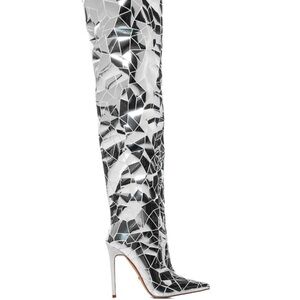 Azalea Wang shattered silver thigh high boot